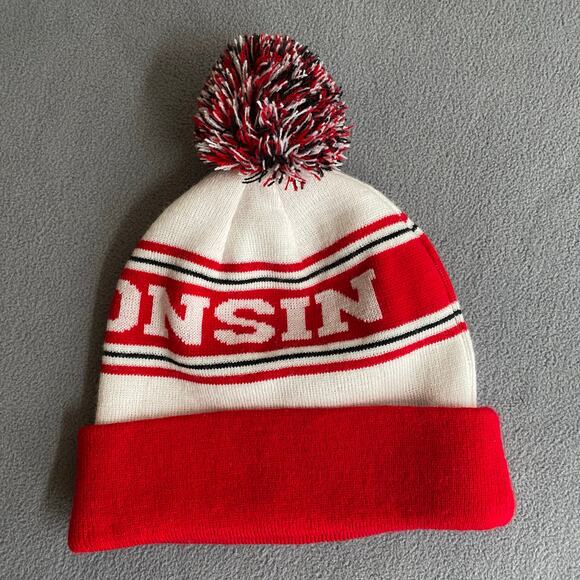 Wisconsin Badgers Knit Pom Beanie Hat Cap Red White Embroidered Logo Big Ten - Picture 2 of 8